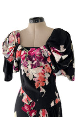Stunning 1930s Unlabeled Black Silk Crepe Dress w Brilliant Pink & Coral Floral Print