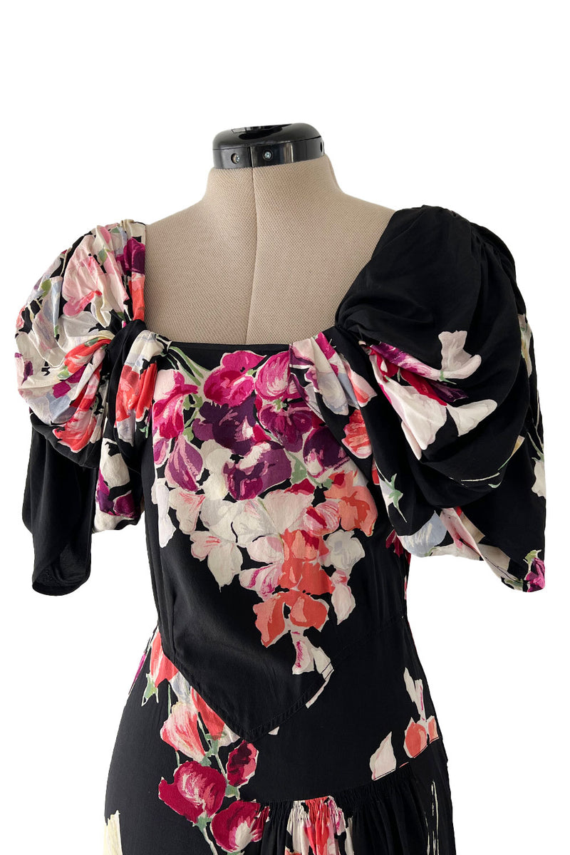 Stunning 1930s Unlabeled Black Silk Crepe Dress w Brilliant Pink & Coral Floral Print