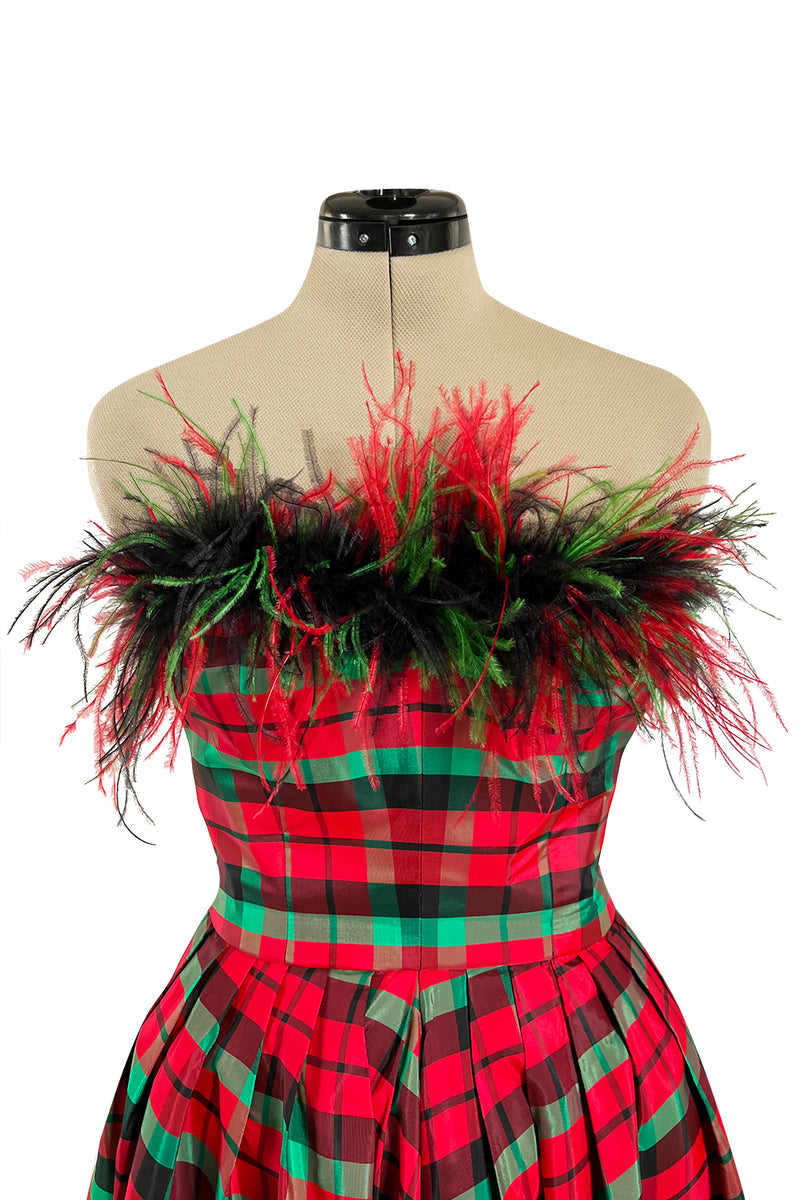 Gorgeous 1980s Victor Costa Silk Taffeta Plaid & Feather Strapless Dress