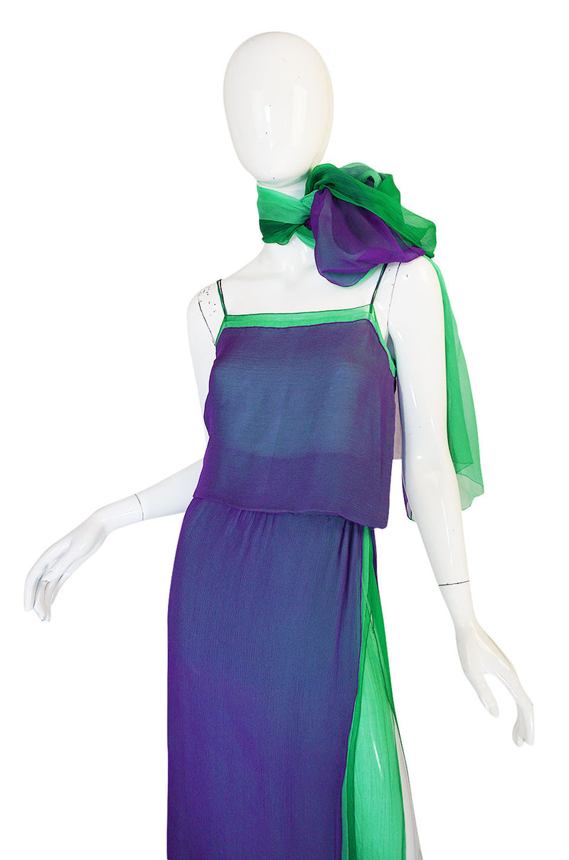 1970s Pauline Trigere Purple & Green Silk Chiffon Set