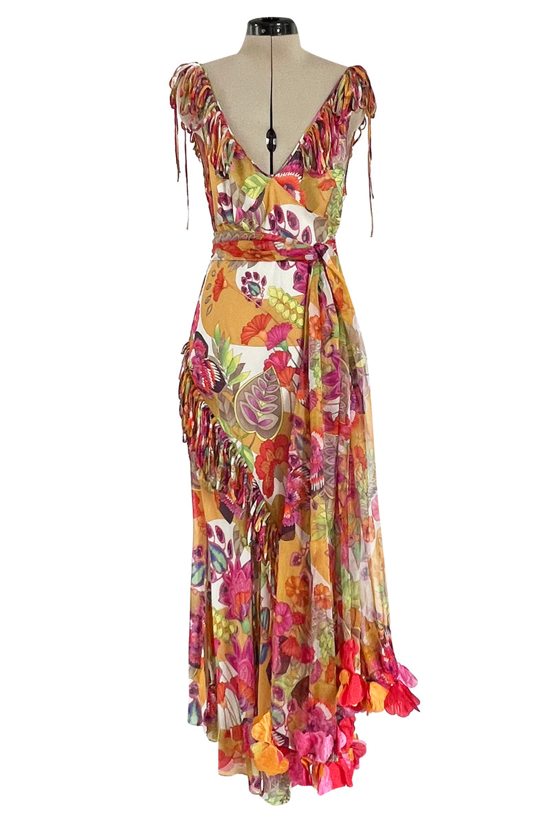 Gorgeous Spring 2005 Christian Dior by John Galliano Silk Print Dress w Flowered Edge Scarf