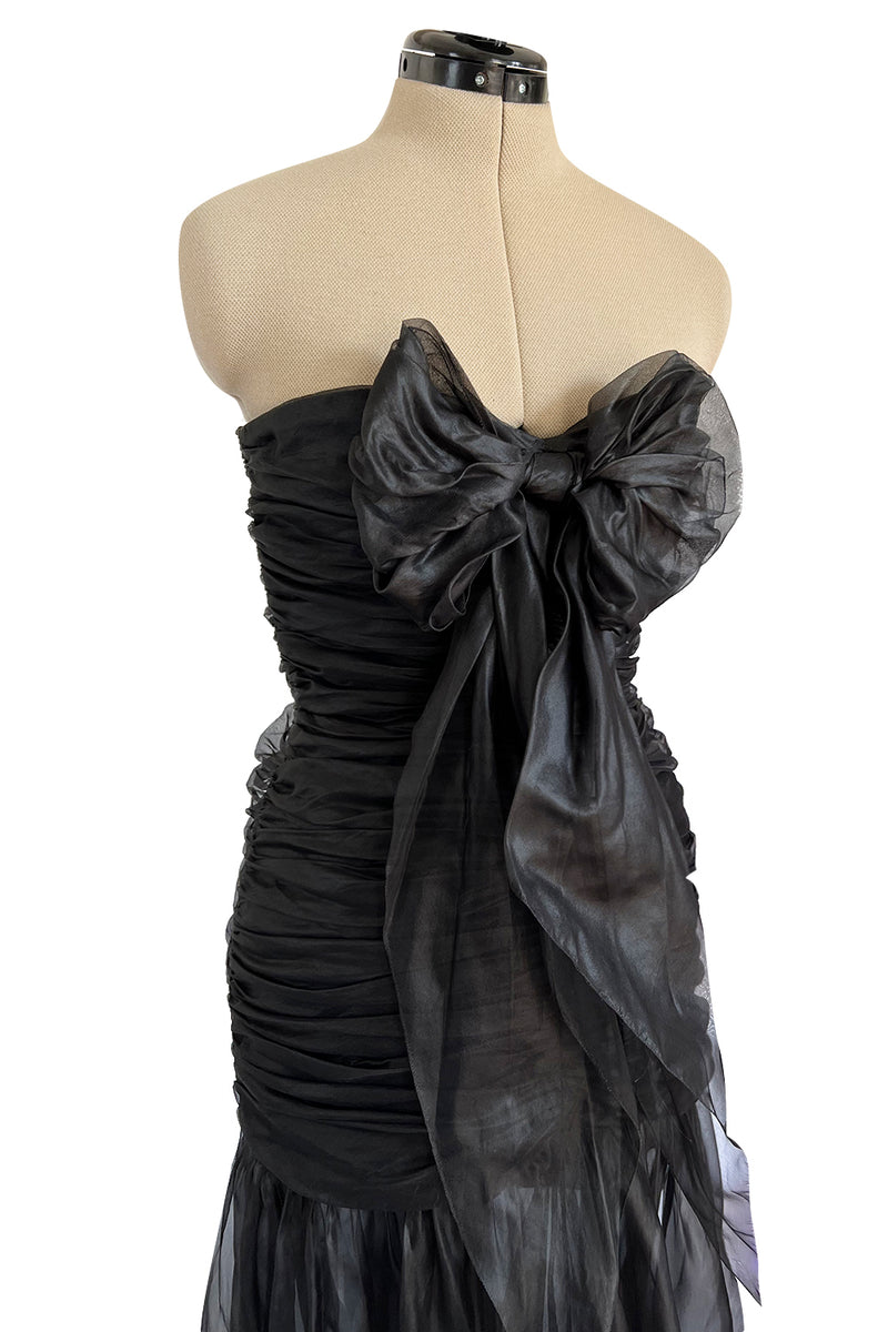Fabulous 1980s Chloe Black Silk Organza Strapless Dress W Large Bow Detailing
