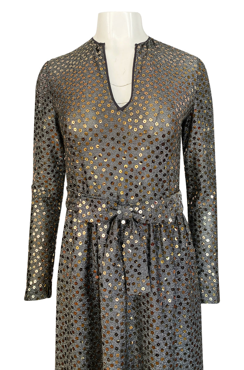 1970s Mollie Parnis Silver Sequin & Knit Lame Jersey Dress w Belt