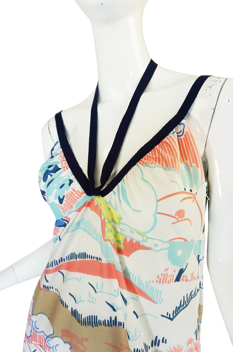 1970s Lanvin Pastel Scenic Printed Jersey Maxi Dress