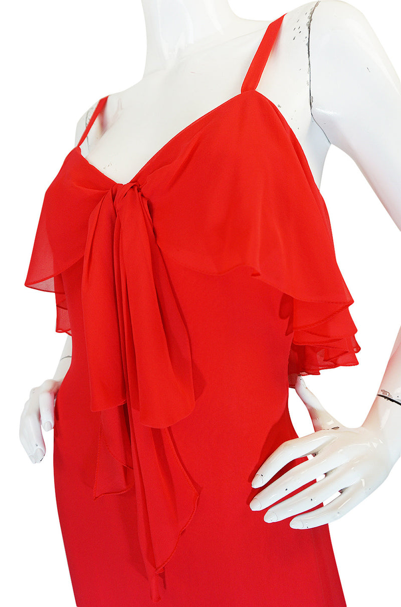 Unworn 1970s Red Silk Chiffon Tiered Ruffle Skirt Dress