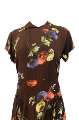 1940s Unlabeled Spectacular Floral Printed Brown Silk Swing Dress