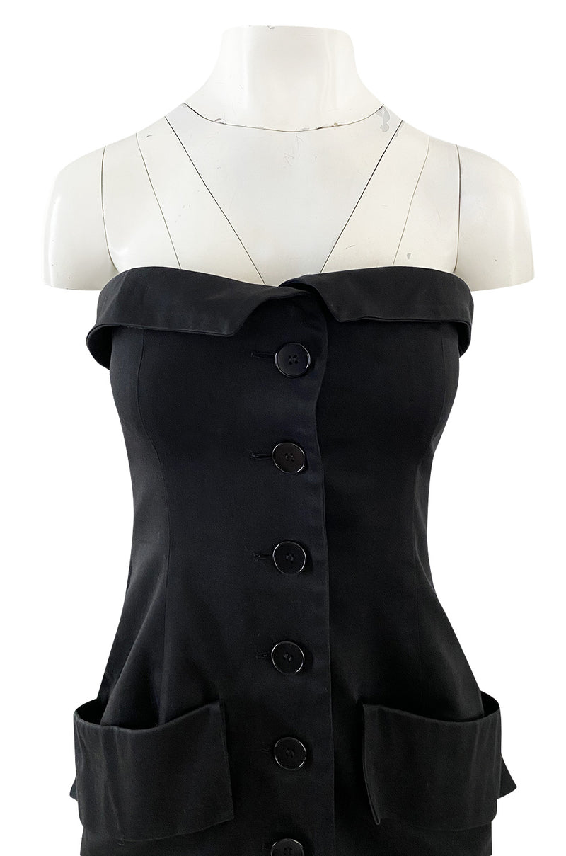 Spring 1985 Yves Saint Laurent Black Cotton Button Front Strapless Mini Dress w Pockets