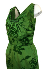 c.1955 Jean Desses Green Silk Dress w Fused Velvet Detailing