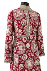 Stunning 1970s Adele Simpson Red & Gold Brocade Dress w Rhinestone Detailing