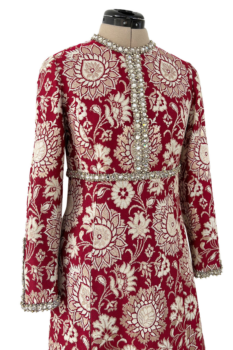 Stunning 1970s Adele Simpson Red & Gold Brocade Dress w Rhinestone Detailing