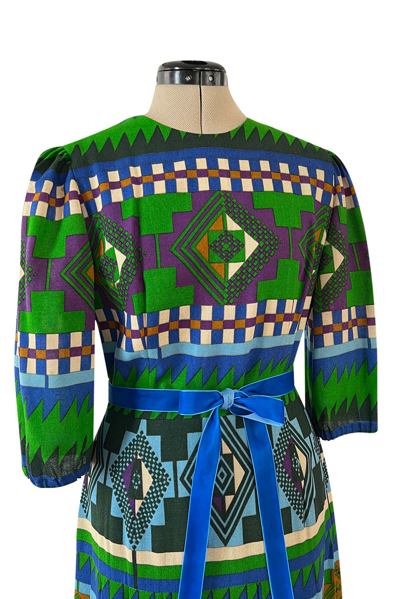 Ad Campaign Fall 1972 Lanvin by Jules-Francois Crahay Green & Blue Geometric Pattern Dress