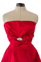 Late 1940s, Early 1950s Strapless Red Silk Satin Full Skirt Dress w Rhinestone Detailing