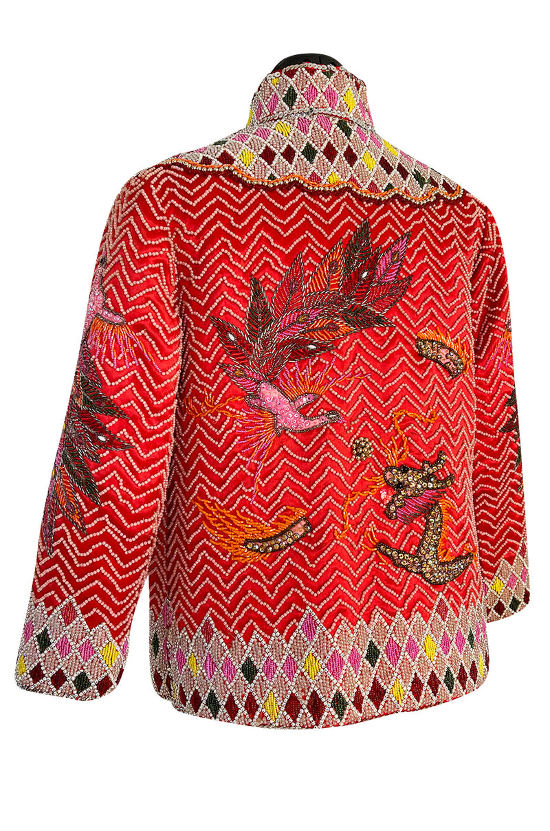 Extraordinary 1940s Densely Hand Beaded & Sequin Red Silk Satin Asian Jacket