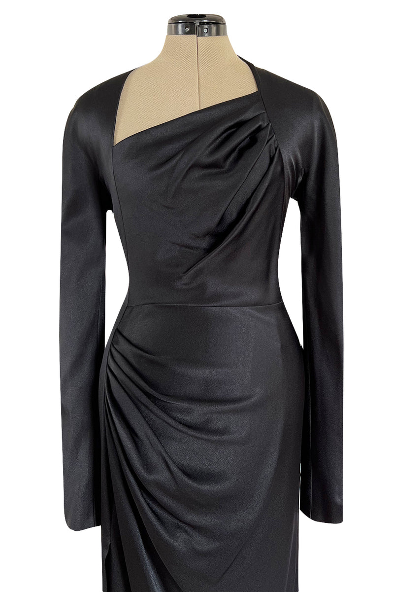 Chic Fall 2009 Christian Dior by John Galliano Black Silk Satin Dress w Asymmetrical Neckline