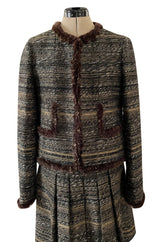 Stunning Fall 2005 Chanel Metallic Silk Mohair Fur Trimmed Tweed Jacket & Pleated Skirt Suit