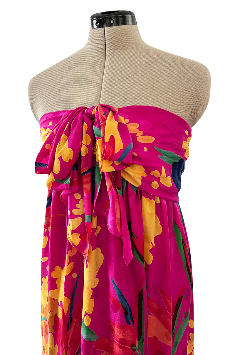 1980s Oscar de la Renta Vivid Pink Silk Wrap Strapless Dress w A Bright Floral Print