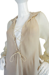 Resort 1974 Halston Bias Cut Silk Chiffon Lace Up Front Ivory Dress