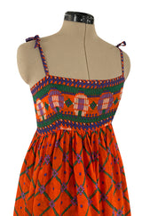 Numbered 1970s Lanvin Couture Fine & Light Silk Crepe Chiffon Printed Orange Sun Dress