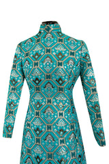 Gorgeous 1970s Mollie Parnis Turquoise Dress w Metallic Gold & Silver Detailing