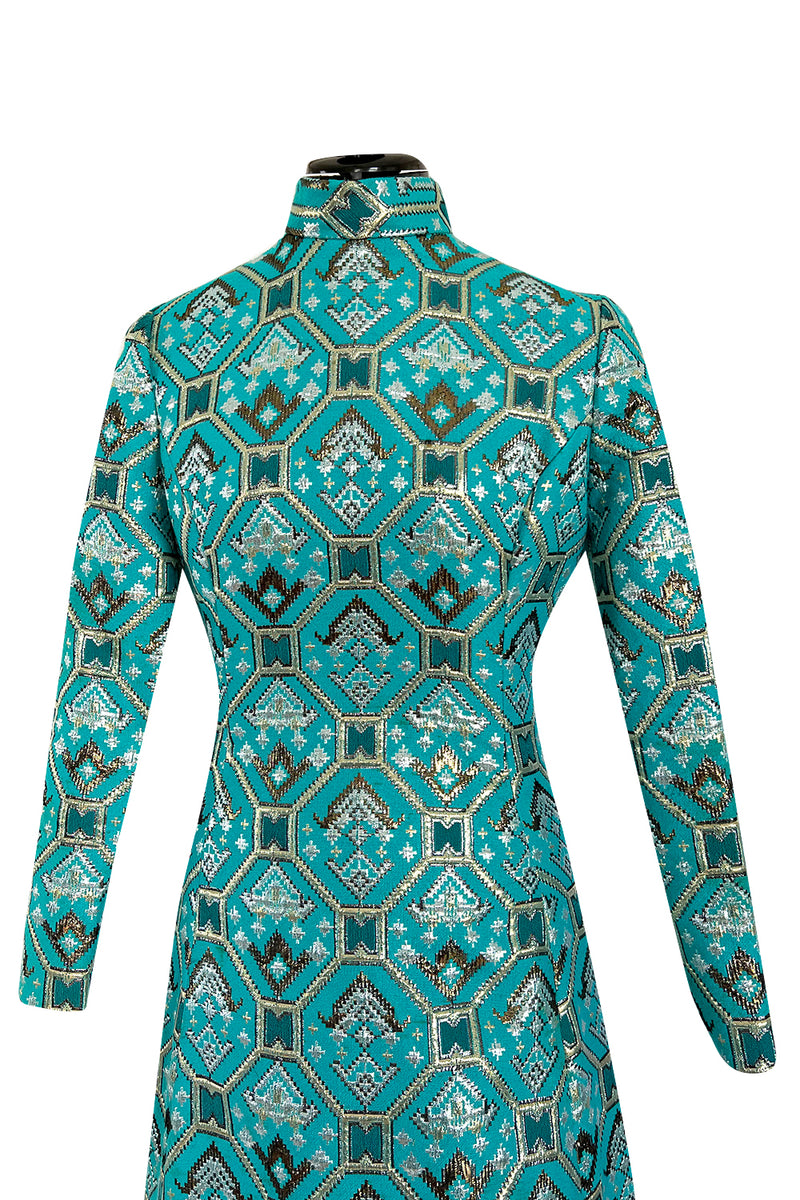 Gorgeous 1970s Mollie Parnis Turquoise Dress w Metallic Gold & Silver Detailing