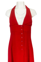 Iconc 1970s Ossie Clark Red Moss Crepe Button Front Halter Dress