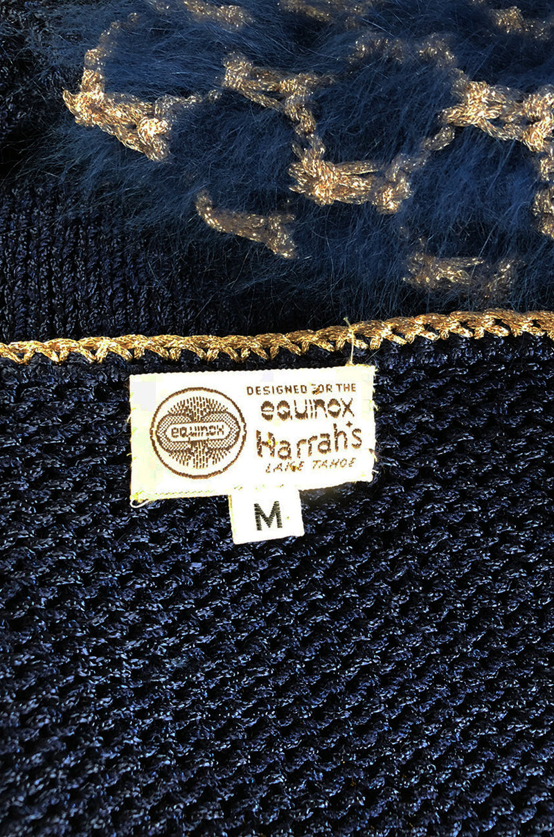 1970s Cropped Blue Mohair, Wool & Gold Metallic Plunge Sweater