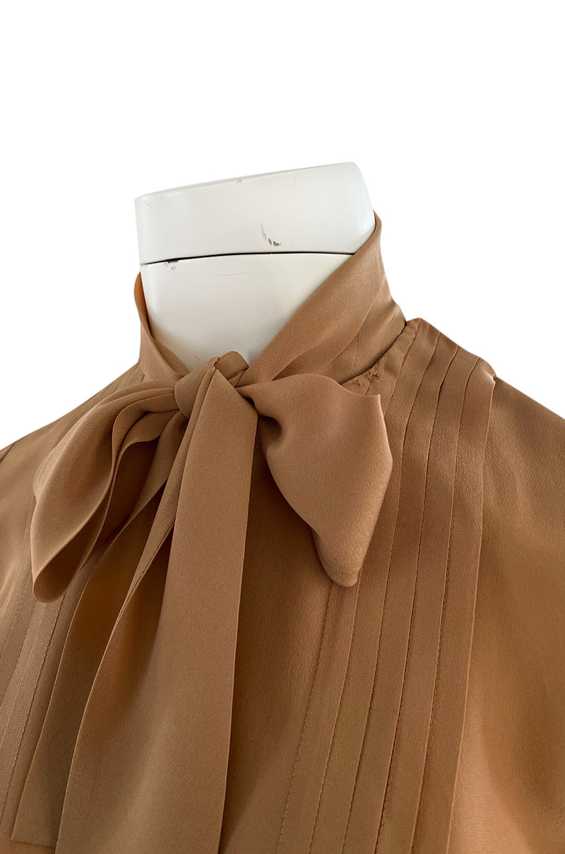 1970s Chanel True Haute Couture Pleated Front Silk Top w Bow & French Cuffs