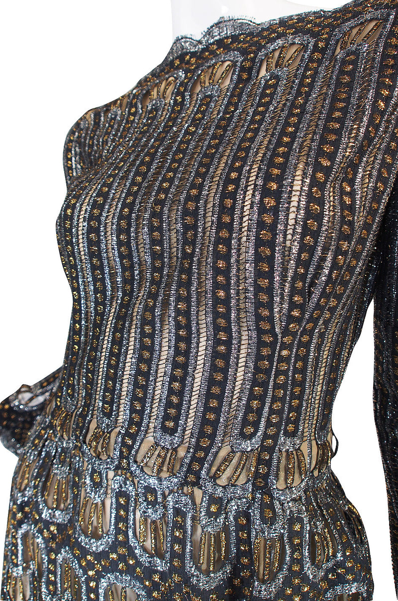 1960s Metallic Pauline Trigere Dress with Cut Outs