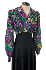 Chic 1930s Silky Rayon Vibrant Floral Printed Dress w Flared Black Crepe Skirt