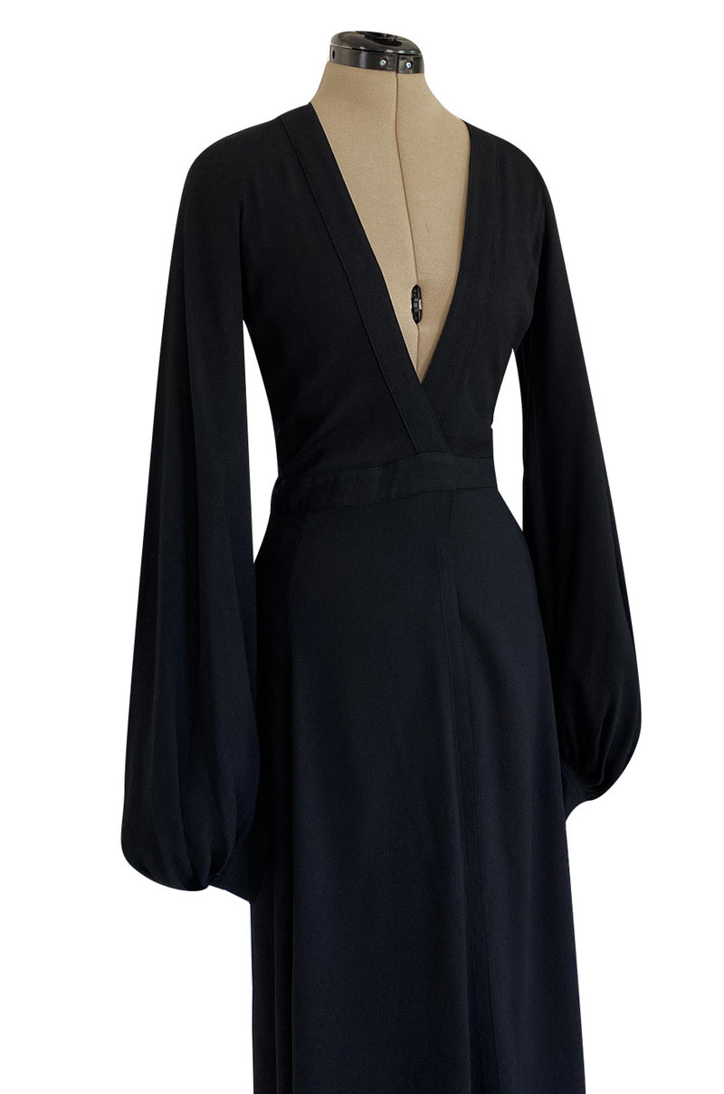 Iconic 1972 Ossie Clark Couture Black Moss Crepe Open Back Wrapped Dress w Bishop Sleeves