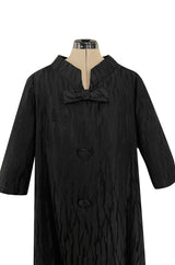 Minimalist 1960s Marty Modell Black Silk Jaquard Brocade Coat w Bow Detail