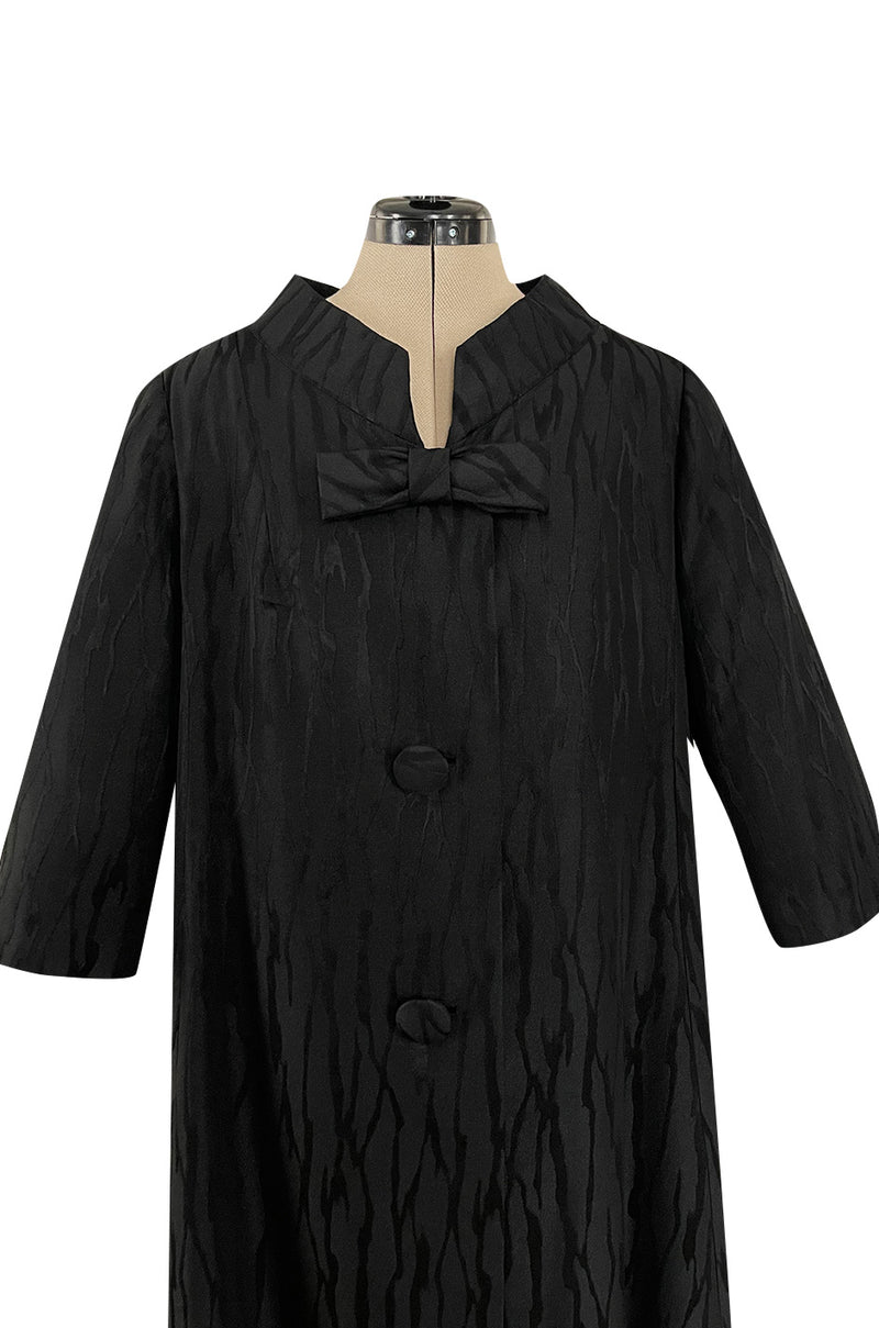 Minimalist 1960s Marty Modell Black Silk Jaquard Brocade Coat w Bow Detail