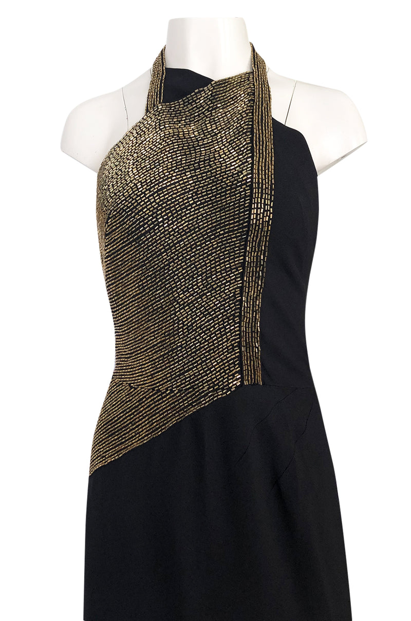 Fall 1973 Karl Lagerfeld for Chloe Black Silk Dress w Gold Beaded Bodice