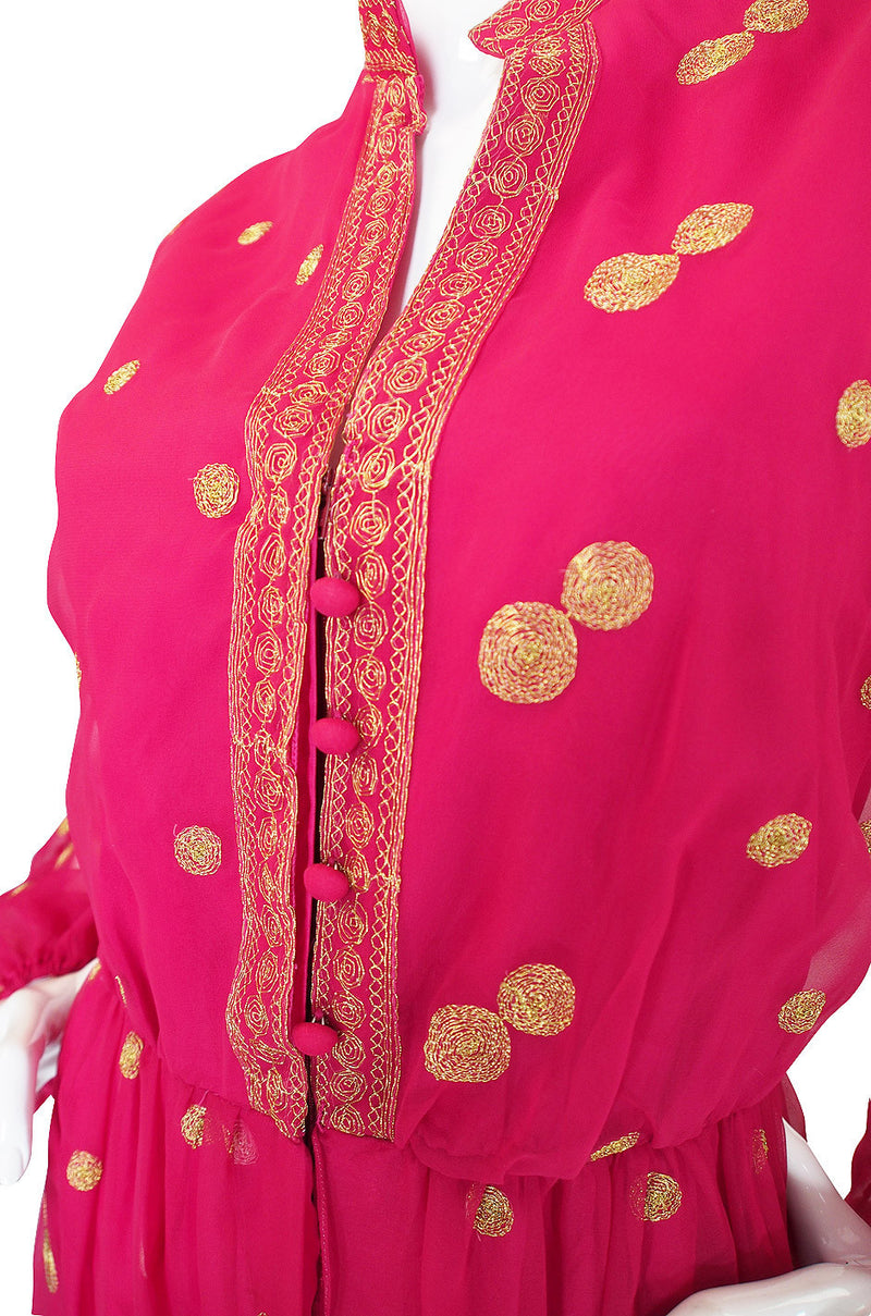 1960s Pink Chiffon & Gold Mexican Dress