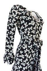 S/S 1987 Yves Saint Laurent Bow Print Silk Ruffle Dress