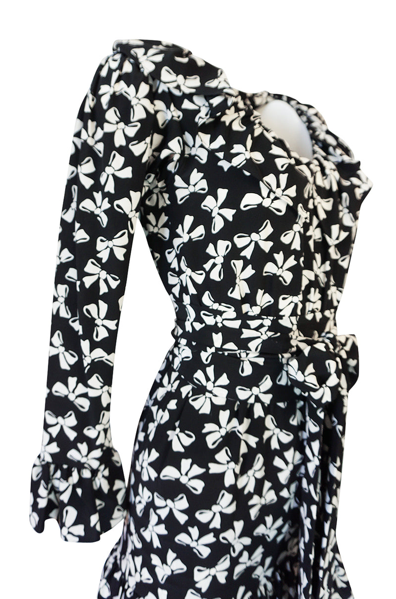 S/S 1987 Yves Saint Laurent Bow Print Silk Ruffle Dress
