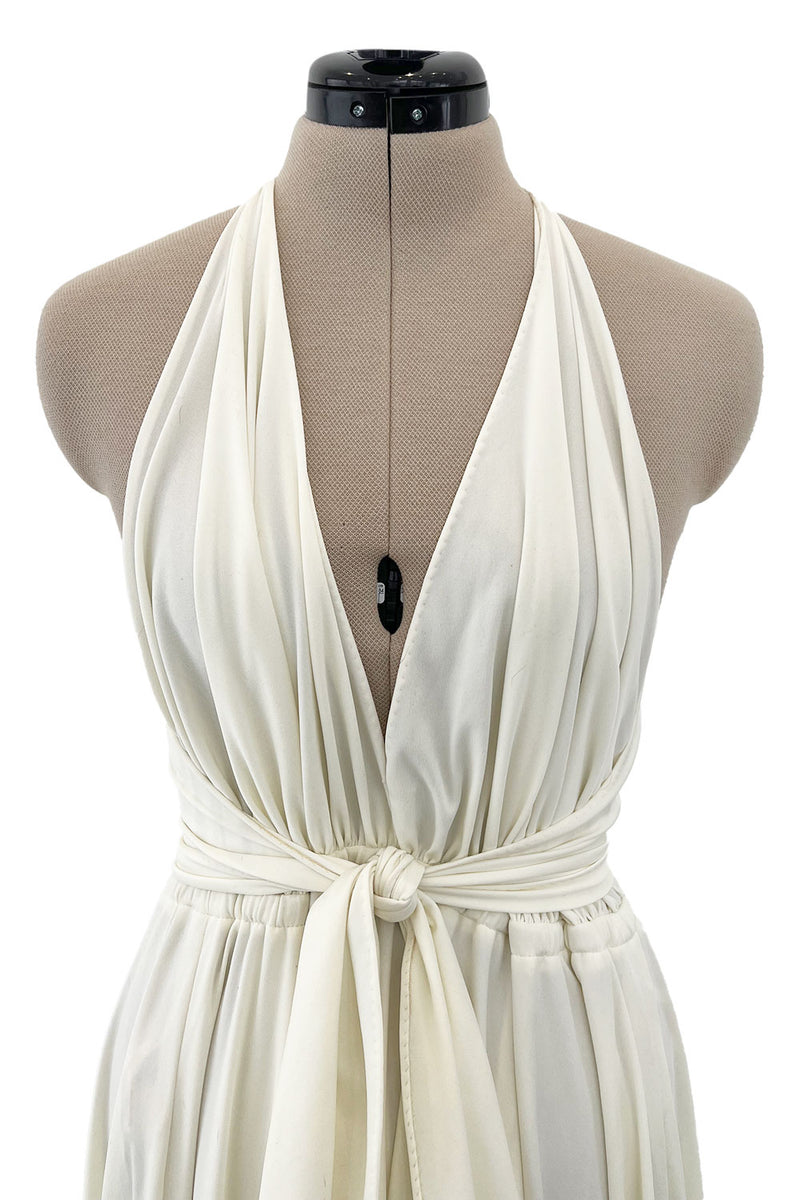 Faboulous 1970s Halston Ivory Jersey Dress W Plunged Front Full Skirt & Tie Waist