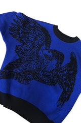 1980s Yves Saint Laurent Oversized Eagle Print Blue Wool Sweater
