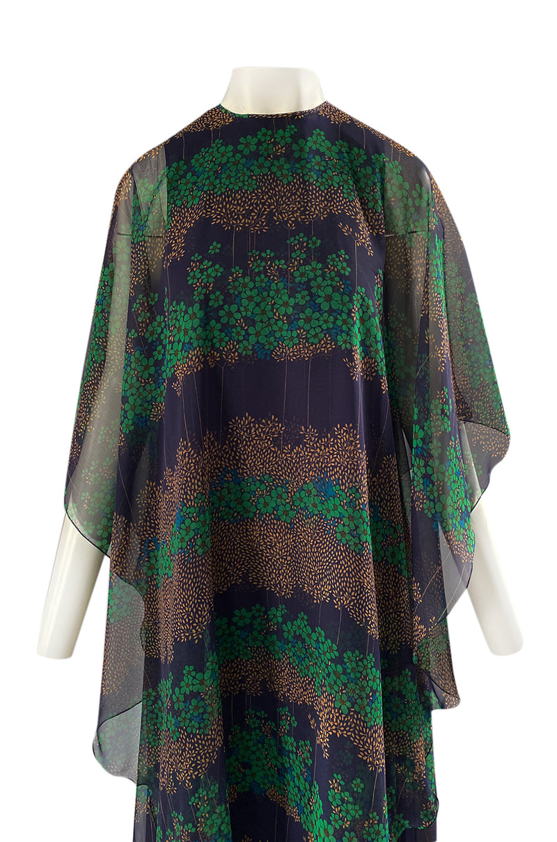 1970s Jean Varon Printed Green & Deep Blue Tiered Chiffon Caftan Dress