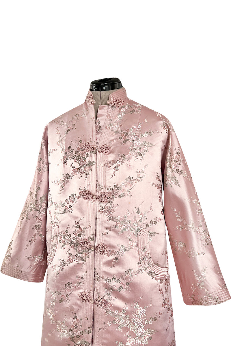 Prettiest 1960s Pink Silk Embroidered Asian Evening Coat w Top Stitched Cuffs & Collar