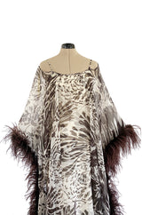 1960s Unlabeled Brown Floral Print Chiffon Caftan Dress w Feather Trim & Bare Shoulder Cut