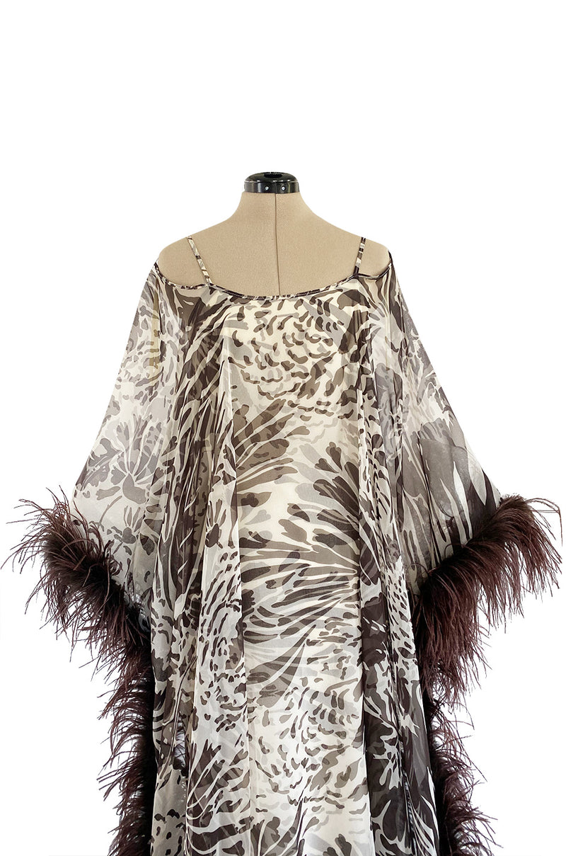 1960s Unlabeled Brown Floral Print Chiffon Caftan Dress w Feather Trim & Bare Shoulder Cut