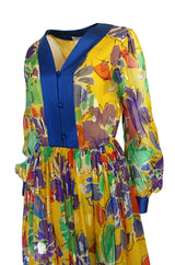 1970s Givenchy Silk Chiffon Floral & Metallic Heart Print Dress