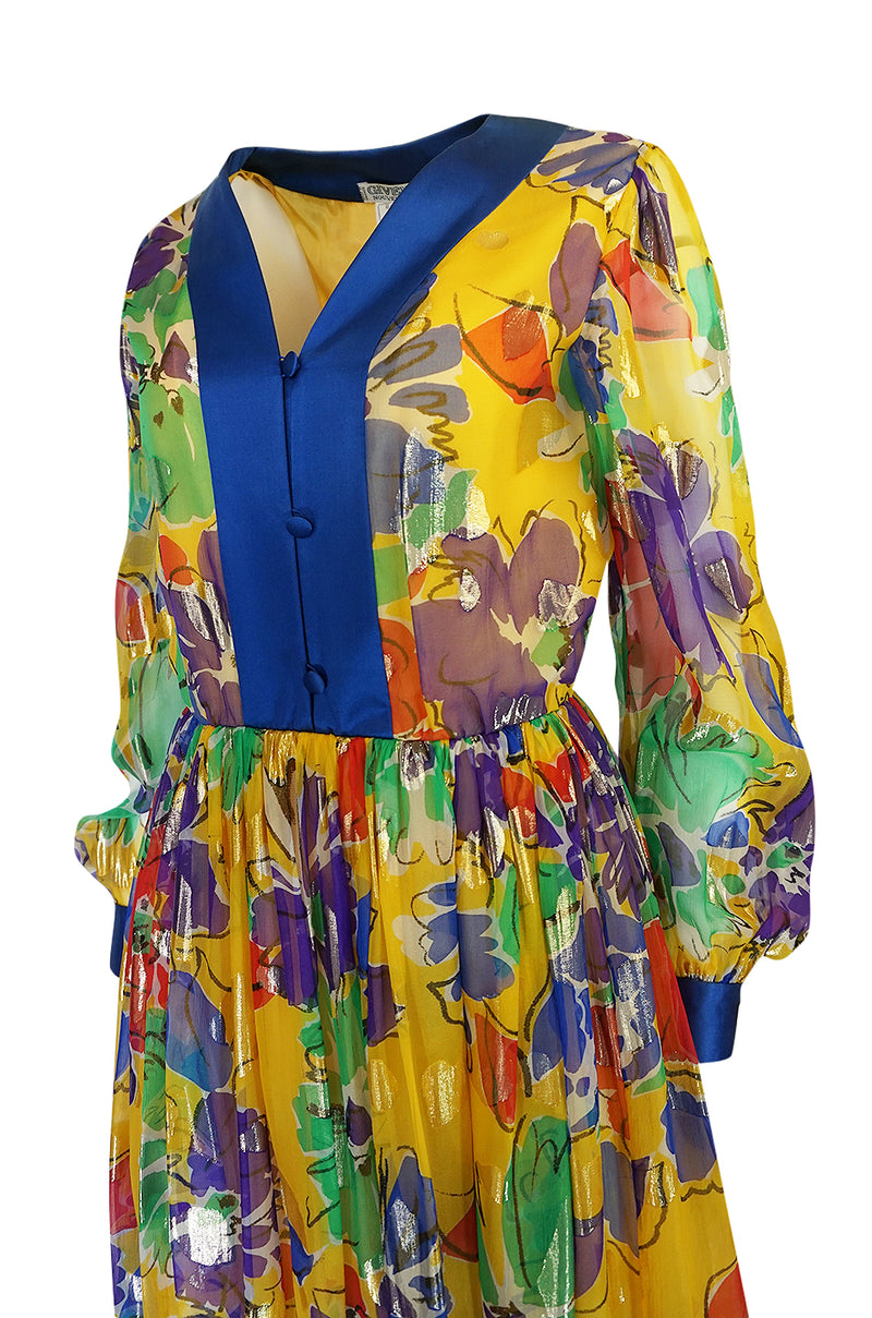 1970s Givenchy Silk Chiffon Floral & Metallic Heart Print Dress