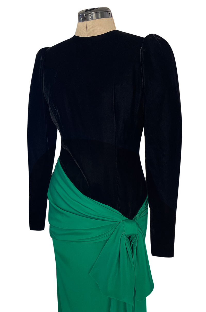 Fall 1983 Ady Couture Lausanne for Yves Saint Laurent Silk Black Velvet Bodice Dress w Emerald Green Silk Skirt