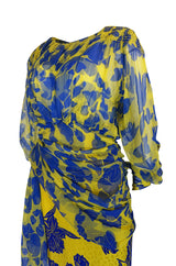 1970s James Galanos Couture Draped Printed Floral Silk Dress
