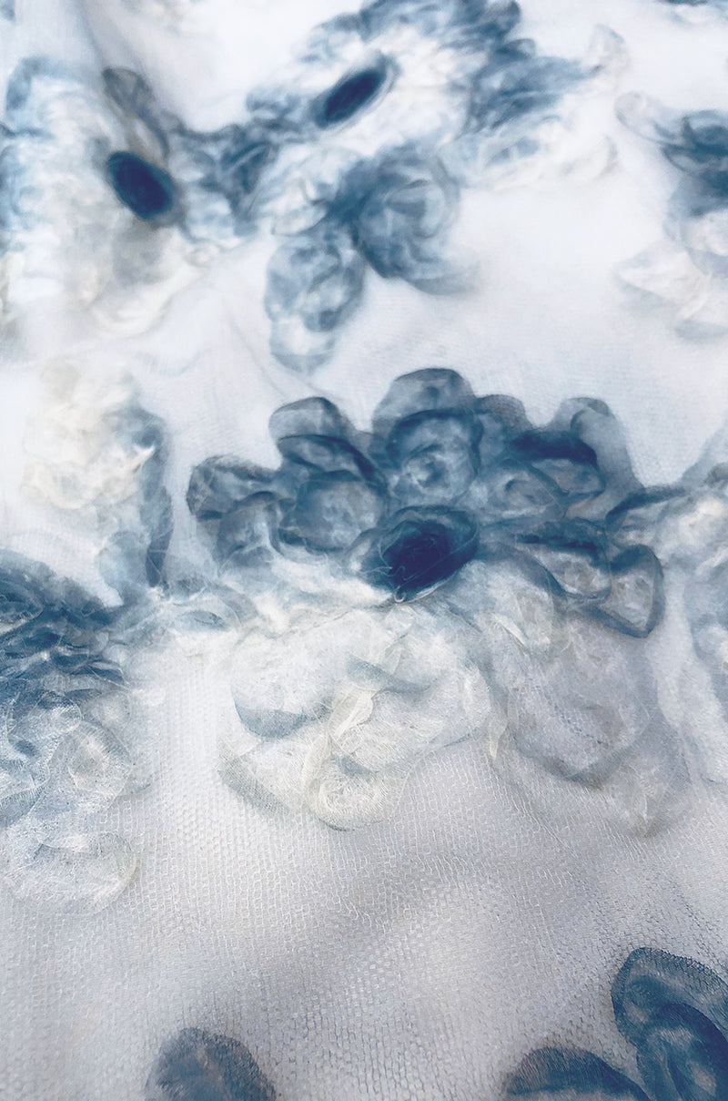 c.1963 Maggy Rouff Haute Couture Pale Metallic Blue Net & Ribbon Dress
