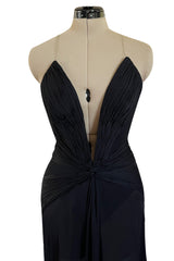 Incredible 2006-2007 Roberto Cavalli Black Silk Extreme Plunge Dress w Trained Silk Chiffon Skirts