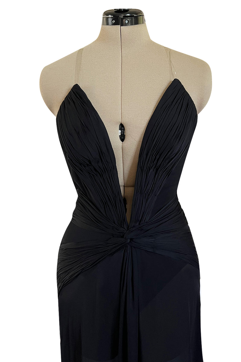 Incredible 2006-2007 Roberto Cavalli Black Silk Extreme Plunge Dress w Trained Silk Chiffon Skirts
