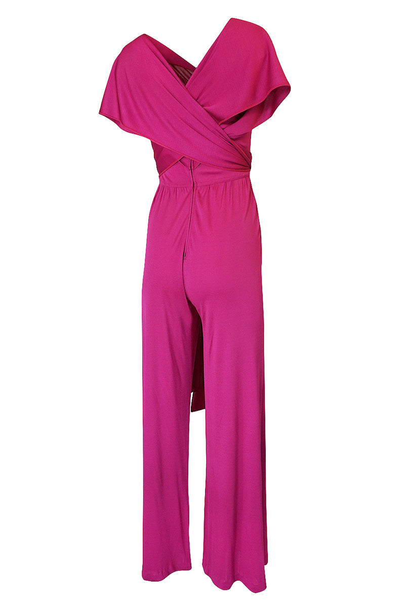 1970s Scott Barrie Multi Wrap Bodice Pink Silk Jersey Jumpsuit